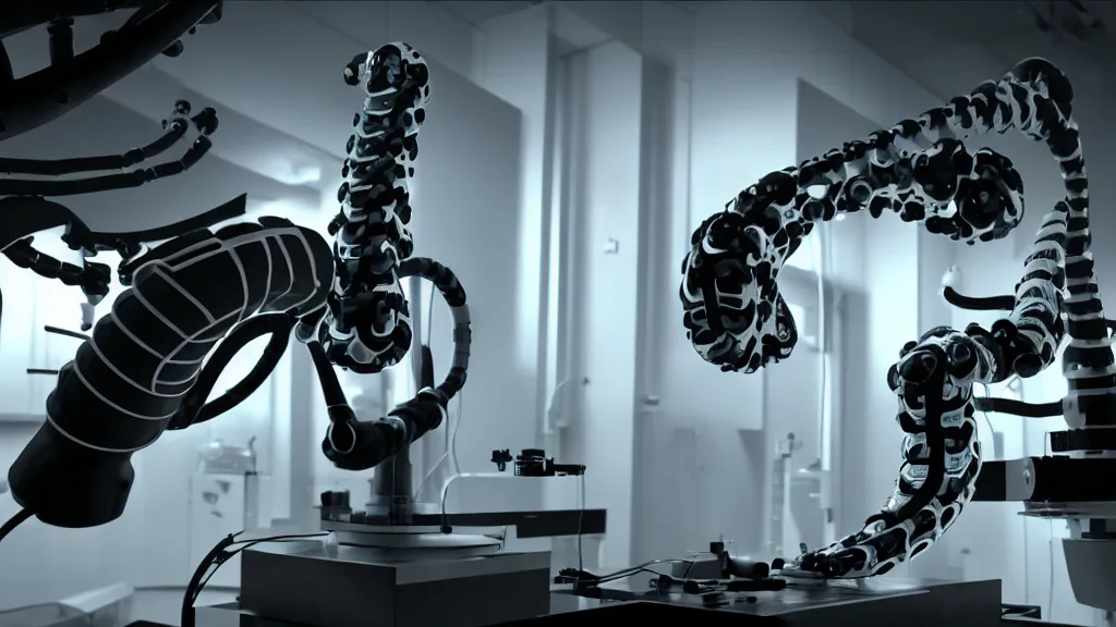 Image similar to a complex bifurcated robotic cnc surgical arm hybrid mri 3 d printer machine making swirling black and white ceramic mandlebulb mutant forms in the laboratory inspection room, film still from the movie directed by denis villeneuve with art direction by salvador dali, wide lens, f 3 2, cinematic lighting, studio quality, smooth render, unreal engine 5 rendered, octane rendered