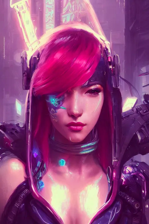 Image similar to katarina from league of legends, cyberpunk futuristic neon. decorated with traditional japanese ornaments by ismail inceoglu dragan bibin hans thoma greg rutkowski alexandros pyromallis nekro rene maritte illustrated, perfect face, fine details, realistic shaded, fine - face, pretty face, masterpiece