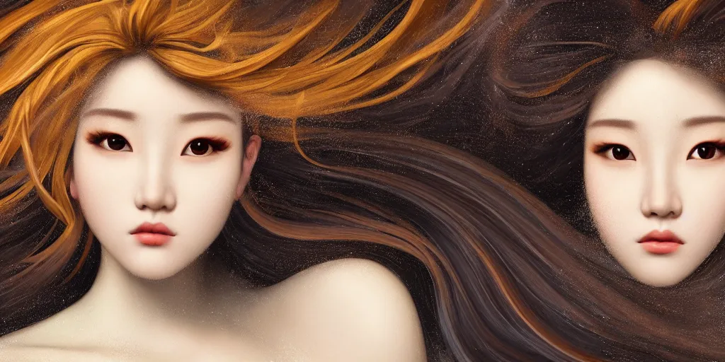 Prompt: a portrait of a very beautiful kpop goddess, seductive look, with hair radiating swirling paint and impasto by botticelli and caravaggio, background is volumetric displacement, 3 d render, hyperreal, subsurface scattering, arnold render, 8 k, houdini, xparticles
