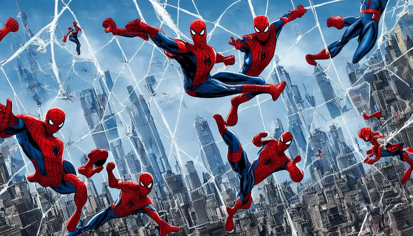 Image similar to a wide angle action shot of avengers defending brooklyn bridge from alien invasion, spider-man swinging on a web in the background, in the style of marvel comics, graphic novel