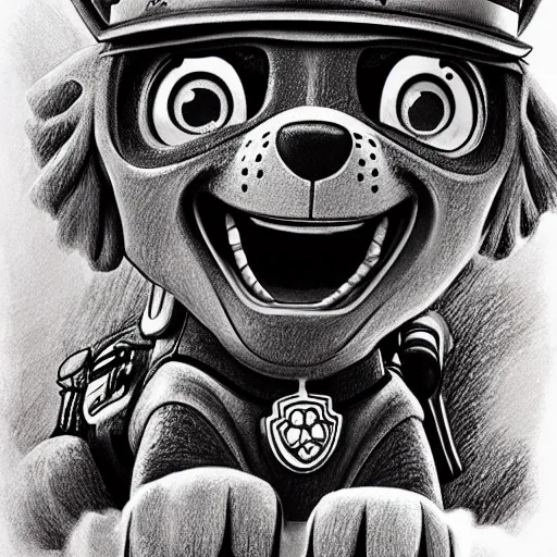 Image similar to Extremely detailed drawing of Paw Patrol, Stephen Gammell style, Scary Stories, hyperrealistic, horror