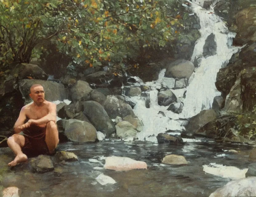 Prompt: by steve hanks, by serov valentin, by lisa yuskavage, by andrei tarkovsky, by terrence malick focused monk sits near waterfall, polaroid, vintage, soft lights, foggy, oil on canvas