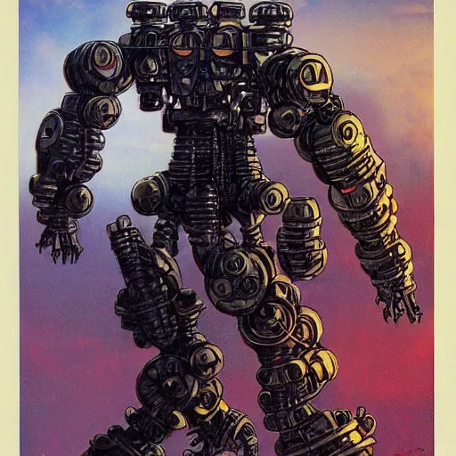 Prompt: simple concept art portrait of an intricately designed defense robot. an award winning yoshitaka amano poster. a masterpiece by james gurney. deep color.