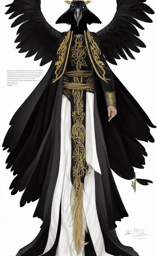 Image similar to raven headed male warlock doing wind magic, white and gold robes, exquisite details, full body character design on a white background, by studio muti