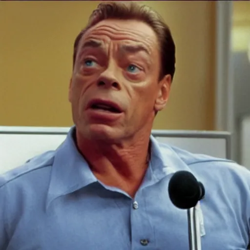 Image similar to Jean Claude Vandamme as Stanley on the office, cinematic still, high quality,