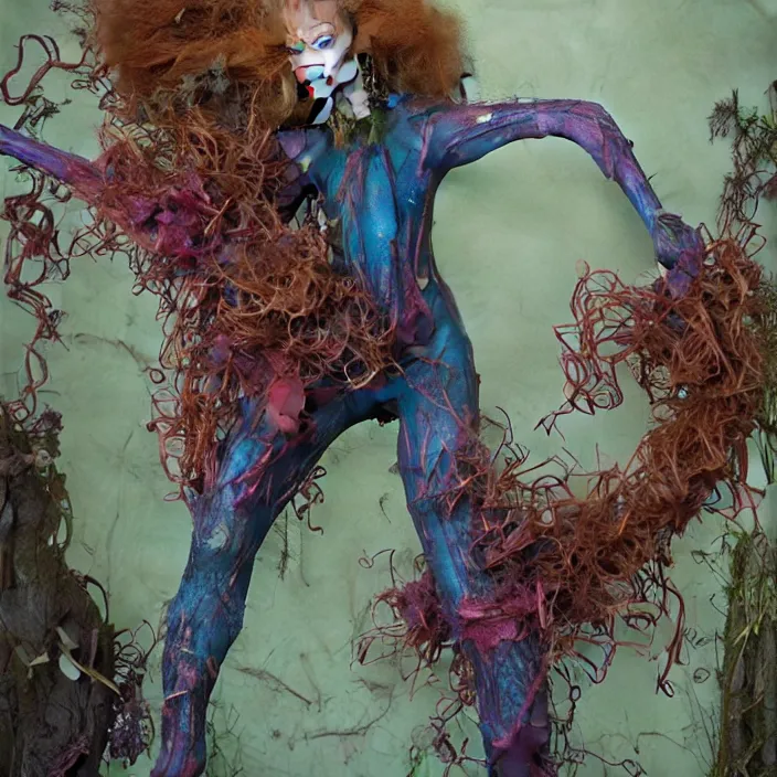 Prompt: a portrait photograph of sadie sink as a elegant brightly colored satyr alien hybrid with wet mutated skin. wearing an infected organic catsuit. by tom bagshaw, donato giancola, hans holbein, walton ford, gaston bussiere, brian froud, peter mohrbacher and magali villeneuve. 8 k, cgsociety