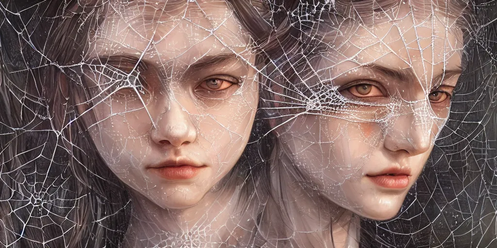 Prompt: hyperrealistic photography of a highly detailed and symmetrical gorgeous nordic female covered with luminous spiderwebs in the style of jin kagetsu, james jean and wlop, highly detailed, face symmetry, highly realistic hands, masterpiece, award - winning, sharp focus, intricate concept art, ambient lighting, 8 k, artstation