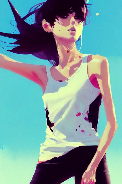 Image similar to a ultradetailed beautiful painting of a stylish woman with a white tank top, by conrad roset, greg rutkowski and makoto shinkai trending on artstation