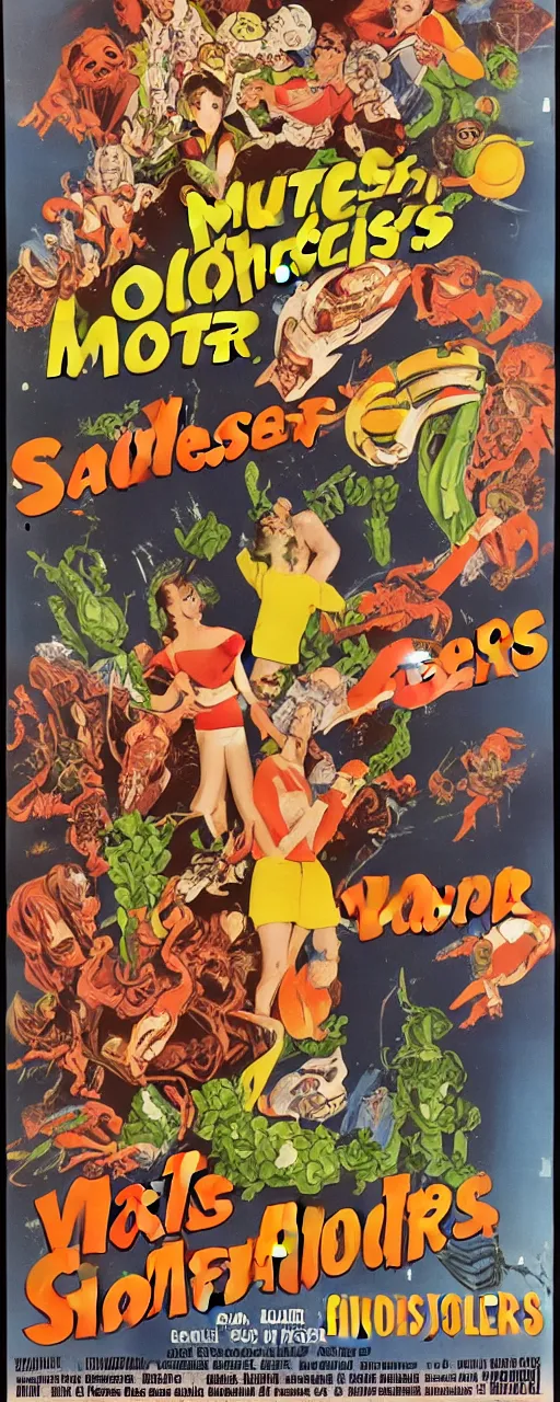 Image similar to vintage movie poster for salad monsters from outer space!