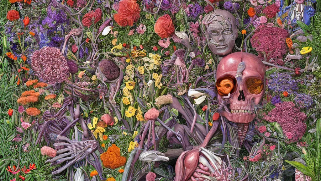 Image similar to highly detailed illustration of a human anatomy body surrounded by all the known species of flowers by juan gatti, by michael reedy!!, by moebius, by oliver vernon, by joseph moncada, by damon soule, by manabu ikeda, by kyle hotz, by dan mumford, by kilian eng