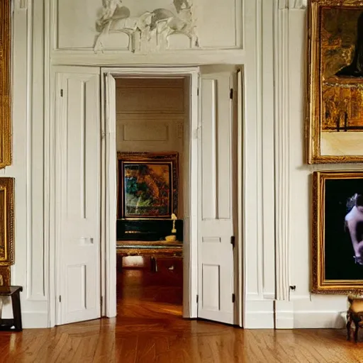 Prompt: giant mansion room with walls filled with modern art paintings, doors that are cosmic portals, photo by Annie Leibovitz