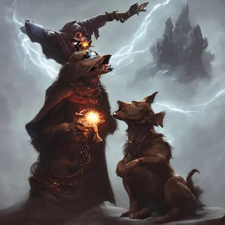 Image similar to dog wizard casting a powerful magic spell, fantasy, majestic pose, dramatic lighting, cinematic scene, frank frazetta, visually stunning, trending on artstation