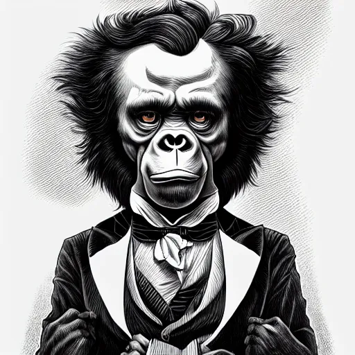 Prompt: edgar allan poe as a ape, realistic, extremely detailed, sharp focus, wide view, smooth, digital illustration, by james jean, by rossdraws, frank franzzeta, mcbess, sakimichan, brosmin, danton fadeev, steve simpson