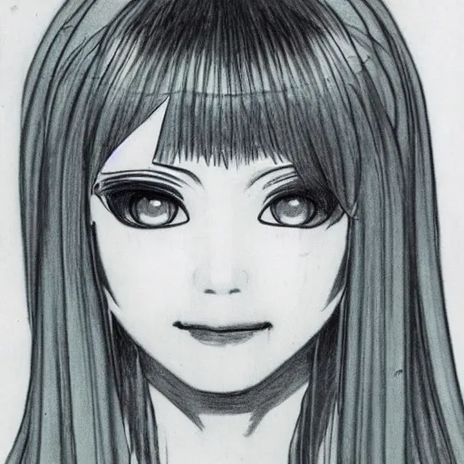 Image similar to A monochrome, symmetrical, police sketch of the face of Hatsune Miku, 1980s, drawn on paper