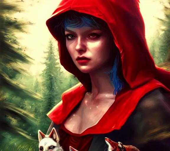 Prompt: an epic fantasy comic book style portrait painting of an extremely cute and adorable very beautiful little red riding hood riding on a wolf through the forest, unreal 5, daz, hyperrealistic, octane render, cosplay, rpg portrait, dynamic lighting, intricate detail, summer vibrancy, cinematic