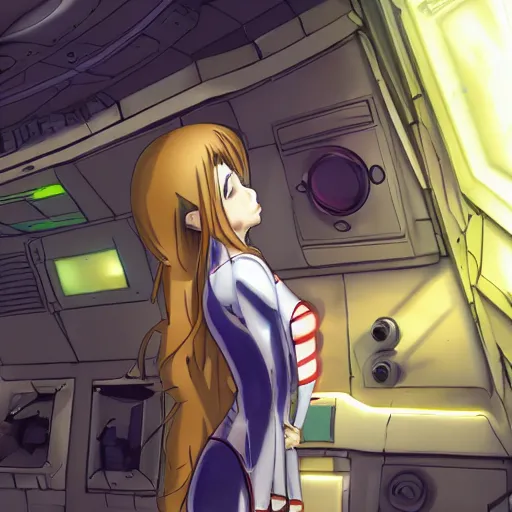 Image similar to beautiful and gorgeous anime girl in a thight plug suit scavenging a abandoned space station