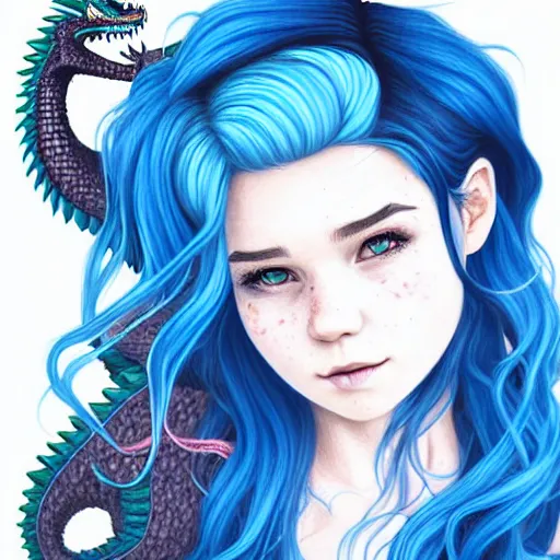 Image similar to head and shoulders portrait of a girl with blue hair and her cute dragon, illustration, medium shot, intricate, elegant, highly detailed, digital art, ffffound, art by Fernanda Suarez and sachin teng