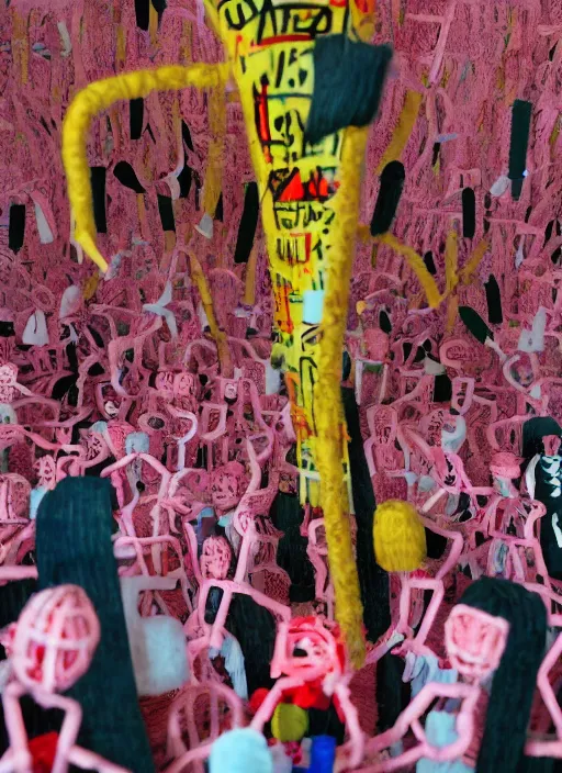 Prompt: room full of giant sakura people made out of pipecleaners in a baroque style of Jean-Michel Basquiat, 3D cinematic lighting, spotlight at a 90 DEGREE ANGLE, photorealism, octane render, depth of field, 8k, 35mm, artgem, Trending on artstation