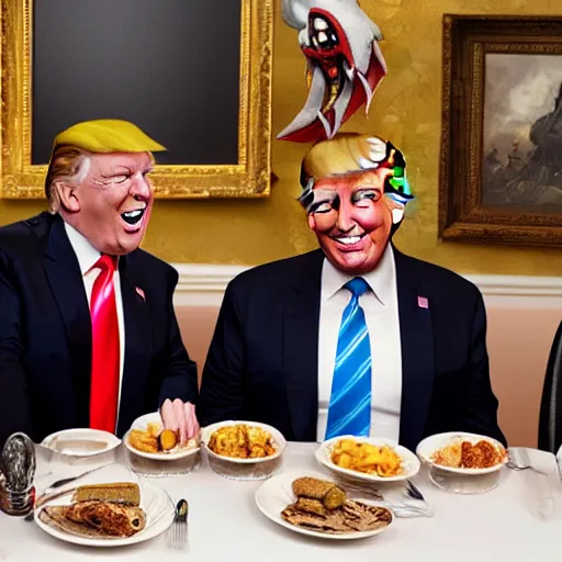 Image similar to smiling trump meets with [ laughing slaanesh warhammer 4 0 k ] at a diner, style of norman rockwell, 8 k, ultra detailed, photograph, rule of thirds.