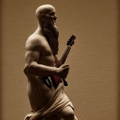 Prompt: epic greek marble statue of a bald man with a long beard, playing a guitar, photo, chiaroscuro