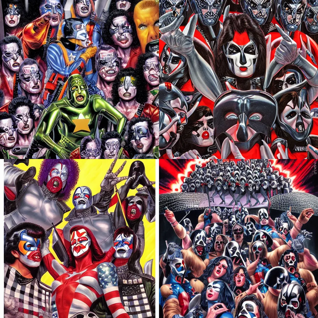 Prompt: The KISS army by Joe Jusko, rendered in hyperdetailed Ultra HD, trending on ArtStation, luminous