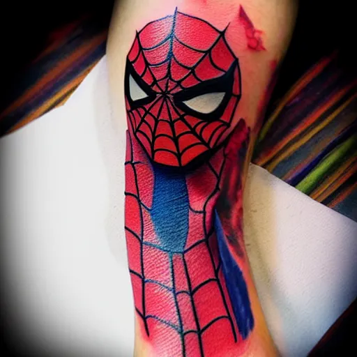Prompt: tattoo of spiderman red black and blue ink watercolored detailed, hyperrealistic trending on artstation