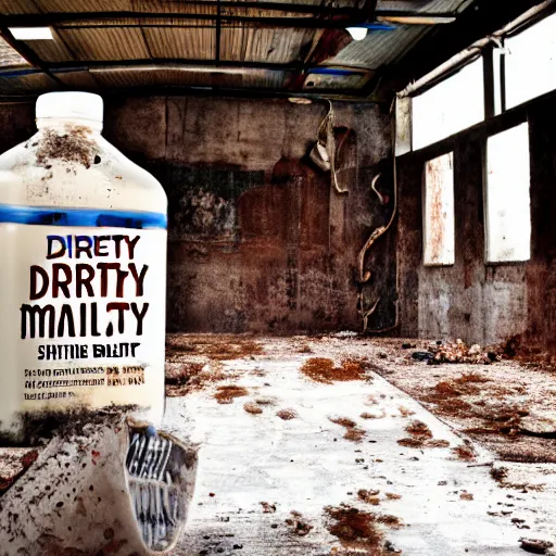 Image similar to dirty bottle of milk and a cow inside rusted slaughterhouse