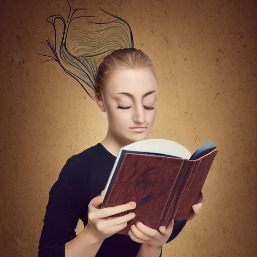 Image similar to a girl reading book, hair flowing down, symmetrical, anatomically correct, high resolution, 4K, photo realistic