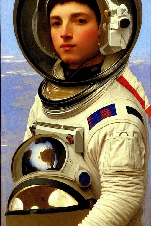 Prompt: a portrait of a male astronaut, wearing a spacesuit and helmet, by bouguereau