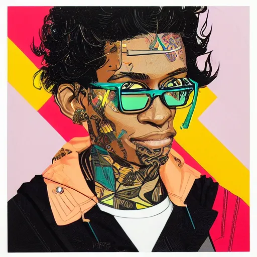 Prompt: Young Thug x YSL profile picture by Sachin Teng, asymmetrical, Organic Painting ,geometric shapes, hard edges, Black and Gold, energetic, graffiti, street art:2 by Sachin Teng:4