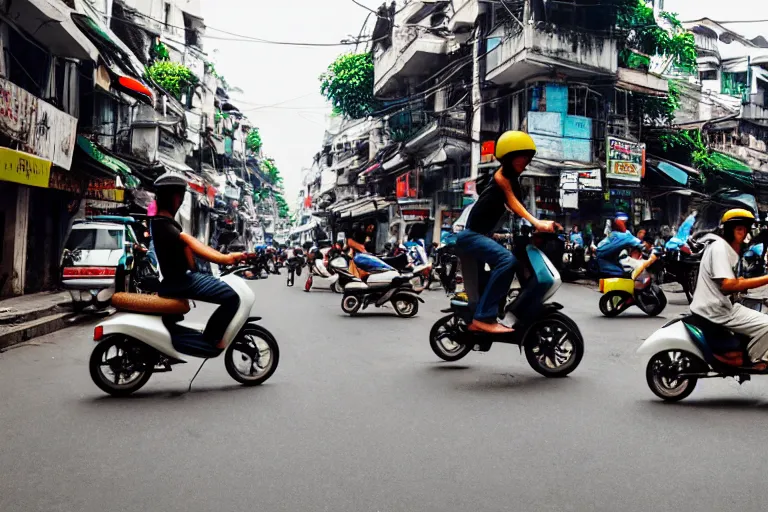 Image similar to moped scooter racing on the street of hanoi, by etienne dinet, artstation cgsociety