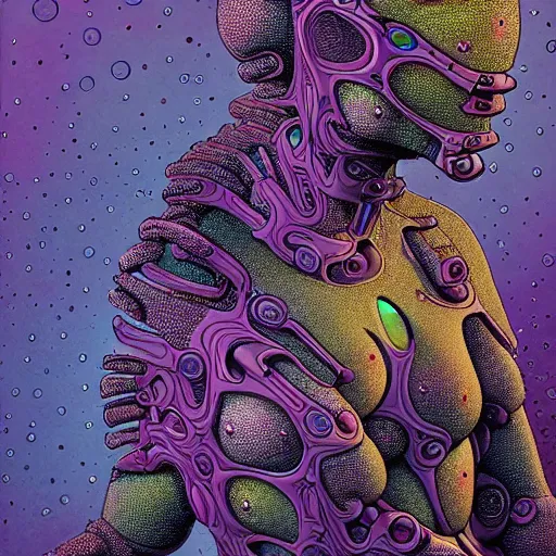 Image similar to sleek highly evolved biomechanical nubile borg queen hybrid dotted with small fractal lichens being possessed by the machine spirit, artists mœbius and philippe caza with beryl cook and jack kirby, high contrast cinematic light, mystical shadows, sharp focus, octane render