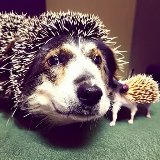 Image similar to a dog and a hedgehog as one animal.