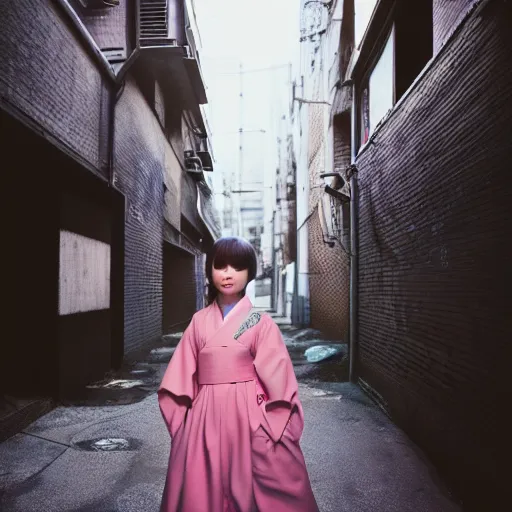 Image similar to a perfect 8K HD professional photo of japanese girl posing, wearing dress in sci-fi dystopian alleyway, at instagram, Adobe Lightroom, taken with kodak portra