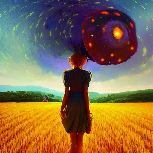 Prompt: giant flower as a head, girl walking in wheat field, hills, surreal photography, dark night, star trails, dramatic light, impressionist painting, clouds, digital painting, artstation, simon stalenhag