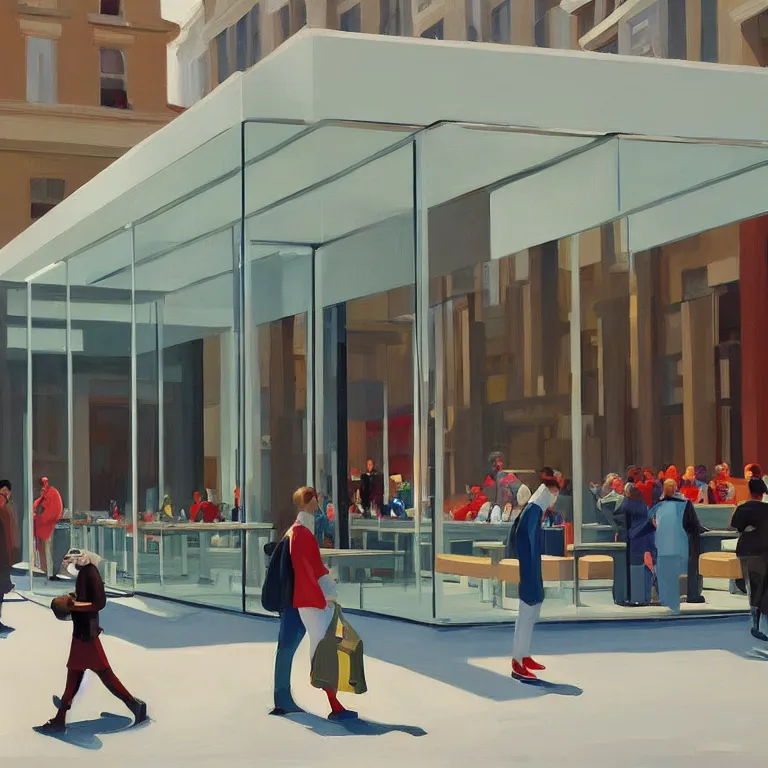 Image similar to apple store opening day in London, painted by Edward Hopper, painted by James Gilleard, airbrush