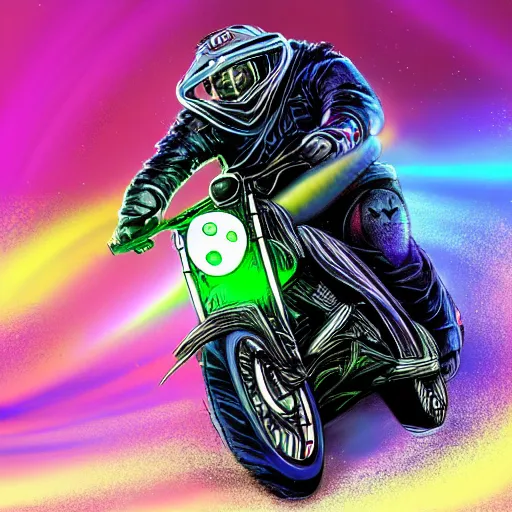 Prompt: colorful blacklight airbrush artwork, motorcycle, stylized action shot of an orc biker riding a motorcycle, drifting, skidding, wheelie, clear focused details, soft airbrushed artwork, black background, cgsociety, artstation