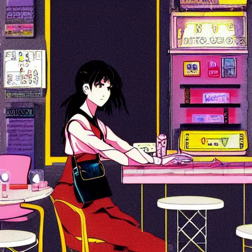 Image similar to young woman at a cafe in paris, graphic novel, visual novel cg, 8 0 s anime vibe, vaporwave nostalgia, vogue magazine, kimagure orange road, maison ikkoku, city hunter, great teacher onizuka