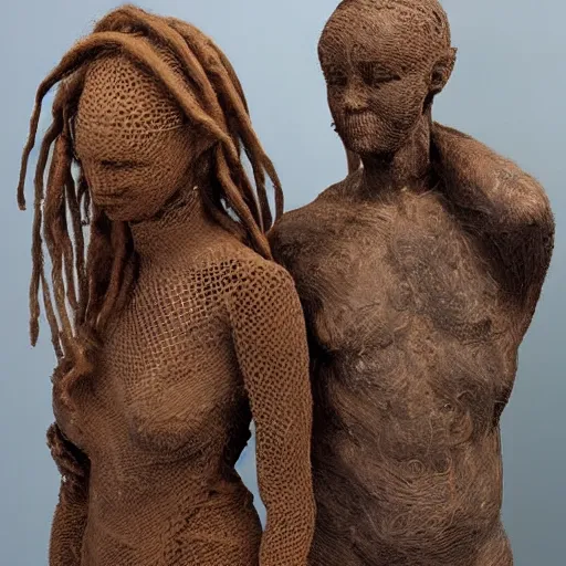 Image similar to dmt bodies. Mesh of human figures intertwined. earthen colors. The medium of this sculpture is human hair. A mess of human hair. Matted hair woven dreadlock sculpture. Tangled splitend hair. barbershop floor. Sculpted by August Rodine.