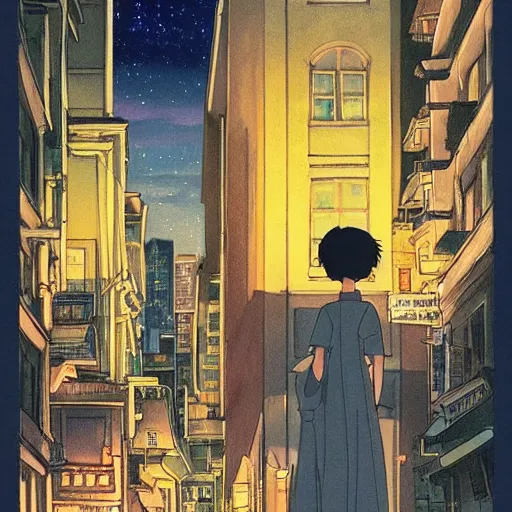 Prompt: a city at night, studio ghibli