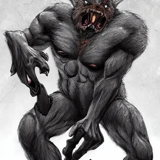 Image similar to half - human, half - wolf, gauru form uratha are generally 8 to 9 feet tall and much heavier and stronger than any human. in this form a werewolf's blood - rage rises to the surface and is much harder to control.