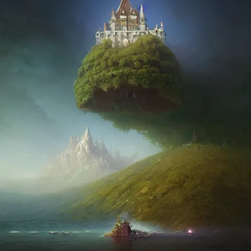 Image similar to ''cinematic shot'' of a floating small island with big castle on top of it made of vegetation made by ivan aivazovsky, peter mohrbacher, greg rutkowski volumetric light effect broad light oil painting painting fantasy art style sci - fi art style realism premium prints available artwork unreal engine