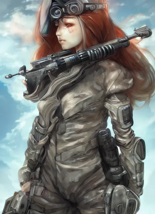 Image similar to of a beautiful sniper girl in war, with futuristic gear and helmet, portrait by nina masic and ross tran and miho hirano, detailed, epic video game art, warm color tone