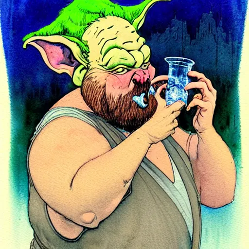 Image similar to a realistic and atmospheric watercolour fantasy character concept art portrait of a fat sleazy homeless yoda wearing a wife beater drinking out of a broken bottle, by rebecca guay, michael kaluta, charles vess and jean moebius giraud