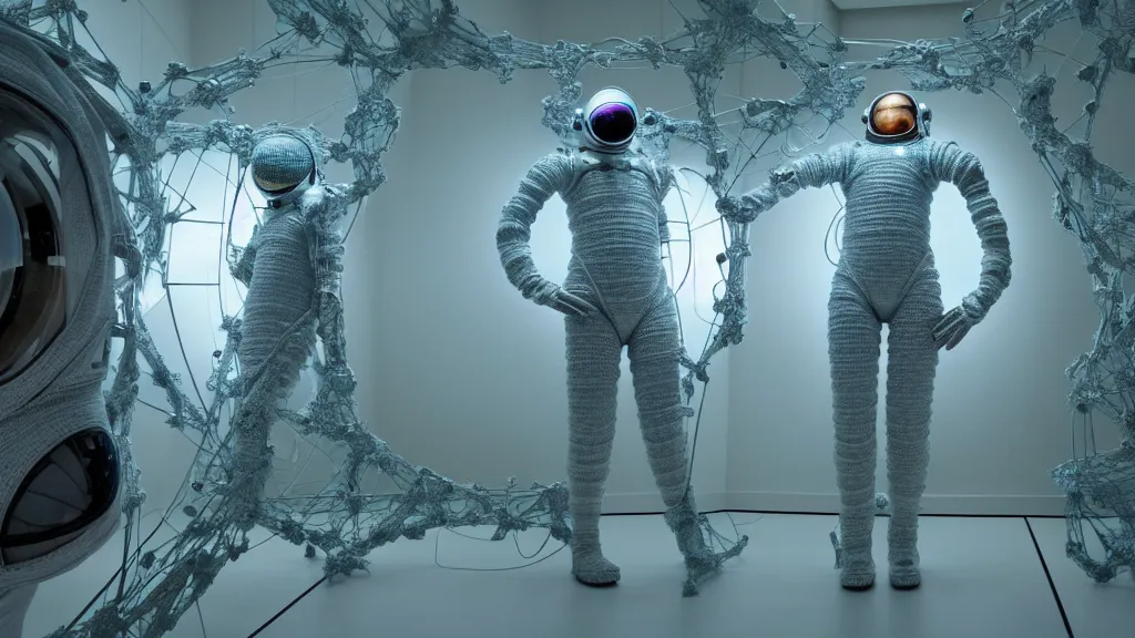 Image similar to a cybernetic symbiosis of a single astronaut eva suit made of wearing knitted yarn thread infected with diamond 3d fractal lace iridescent bubble 3d skin covered with insectoid compound eye camera lenses floats through the living room, film still from the movie directed by Denis Villeneuve with art direction by Salvador Dalí, wide lens,