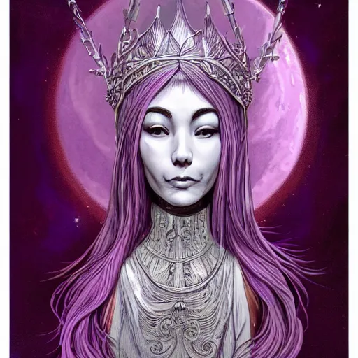 Prompt: portrait of young smiling prophetess of the moon, moon above head, silver filigree armor and tiara, purple hair, translucent skin, beautiful! coherent! by brom, by junji ito, strong line, high contrast, muted color