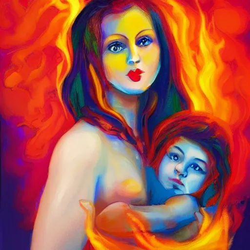 Image similar to beautiful woman cradling her child made of colorful fire by salome tatladze, elegant, colorful, loving