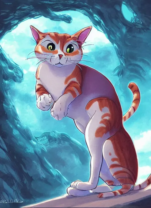 Prompt: official digital painting artwork of a cat character by don bluth, ross tran and studio ghibli.