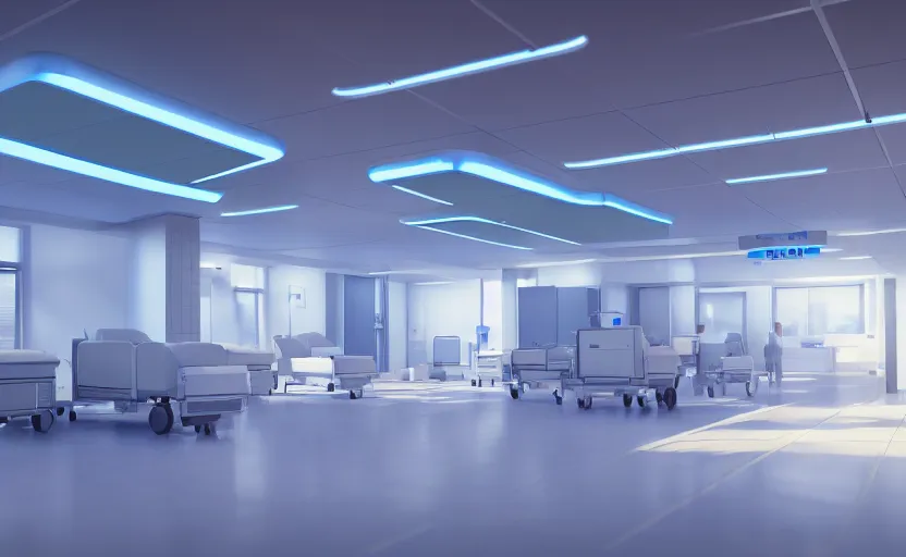 Image similar to a hospital with soft blue lights in the roof, octane render, artstation trending, highly detailded