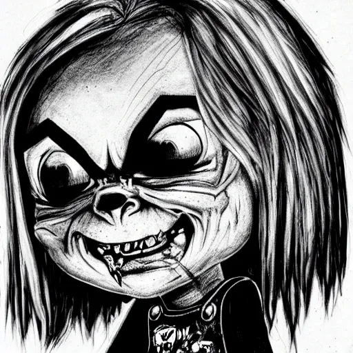 Prompt: grunge drawing of chucky by - minecraft , loony toons style, horror themed, detailed, elegant, intricate